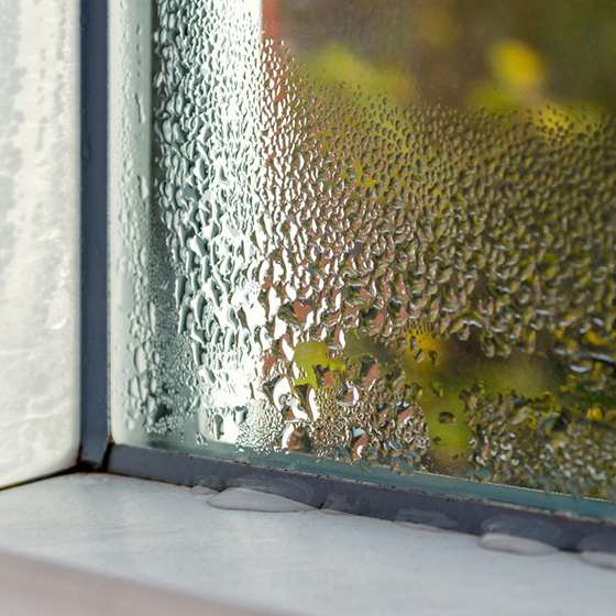 Condensation builds on the interior pane of a window