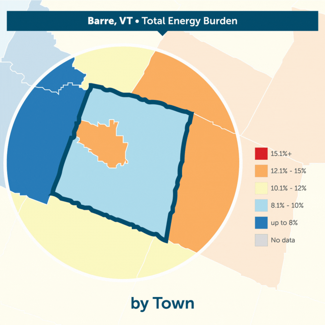 color coded inset image of Barre City total energy burden by town