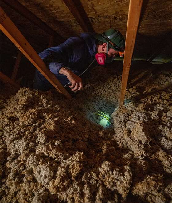 a man in safety gear inspecting the insulation in an attic