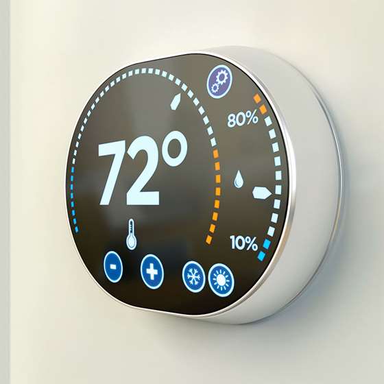 round thermostat with black cover and digital style displays