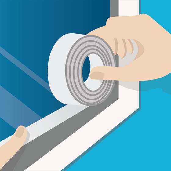 Illustration of weather stripping being applied to a window frame