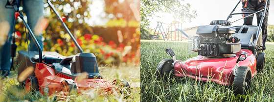 side by side image of electric and gas powered mowers