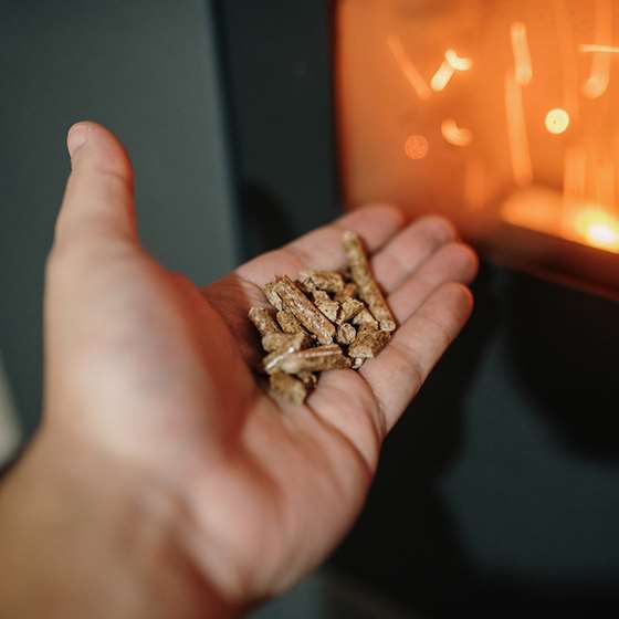 A hand holds wood heating pellets