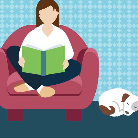Illustration of a person sitting comfortable on a couch reading a book