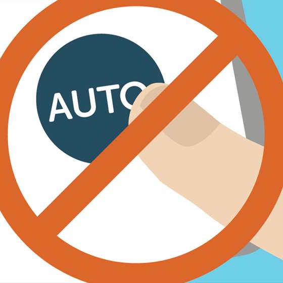 Illustration of a person pressing the "auto" button on their heat pump, with a red circle and red line running though it to indicate you should not do this