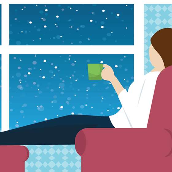 Illustration of a person sitting with a hot beverage looking out the window on a cold night