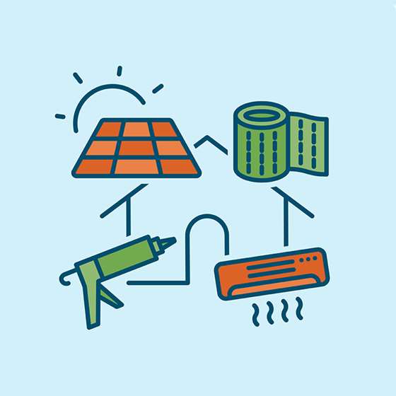 Icons representing weatherization, solar, and heat pumps