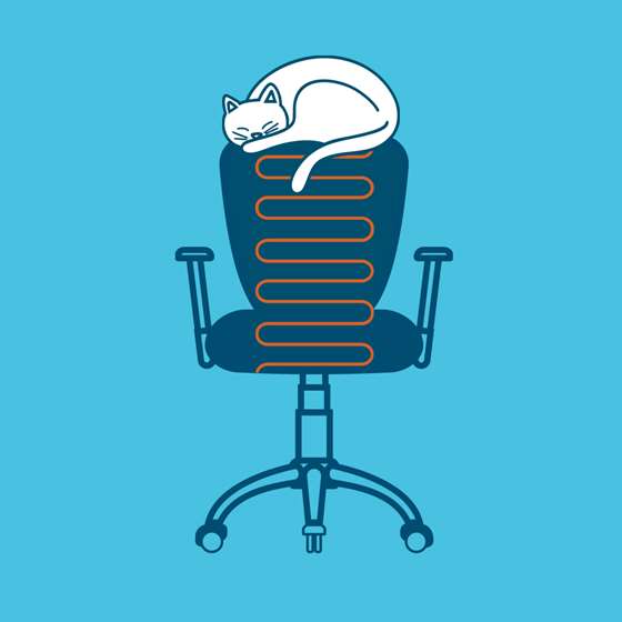 illustrated icon style of an office chair with heating elements and white cat enjoying a nap