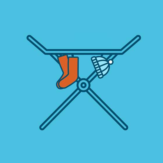 icon of a folding drying rack with socks and a knit hat