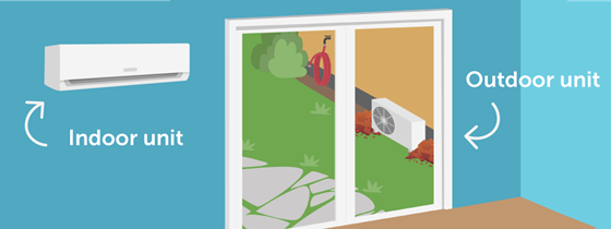 illustrated image showing a home with sliding glass door with the heat pump indoor and outdoor units visible