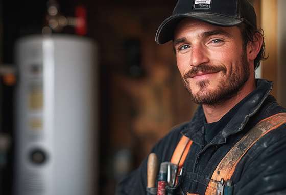 younger white man with tools and a hat near heat pump water heater in the background