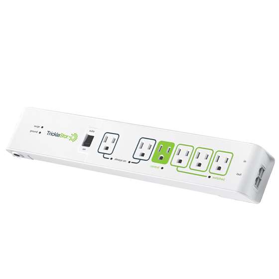 a white power strip with green and white plugs