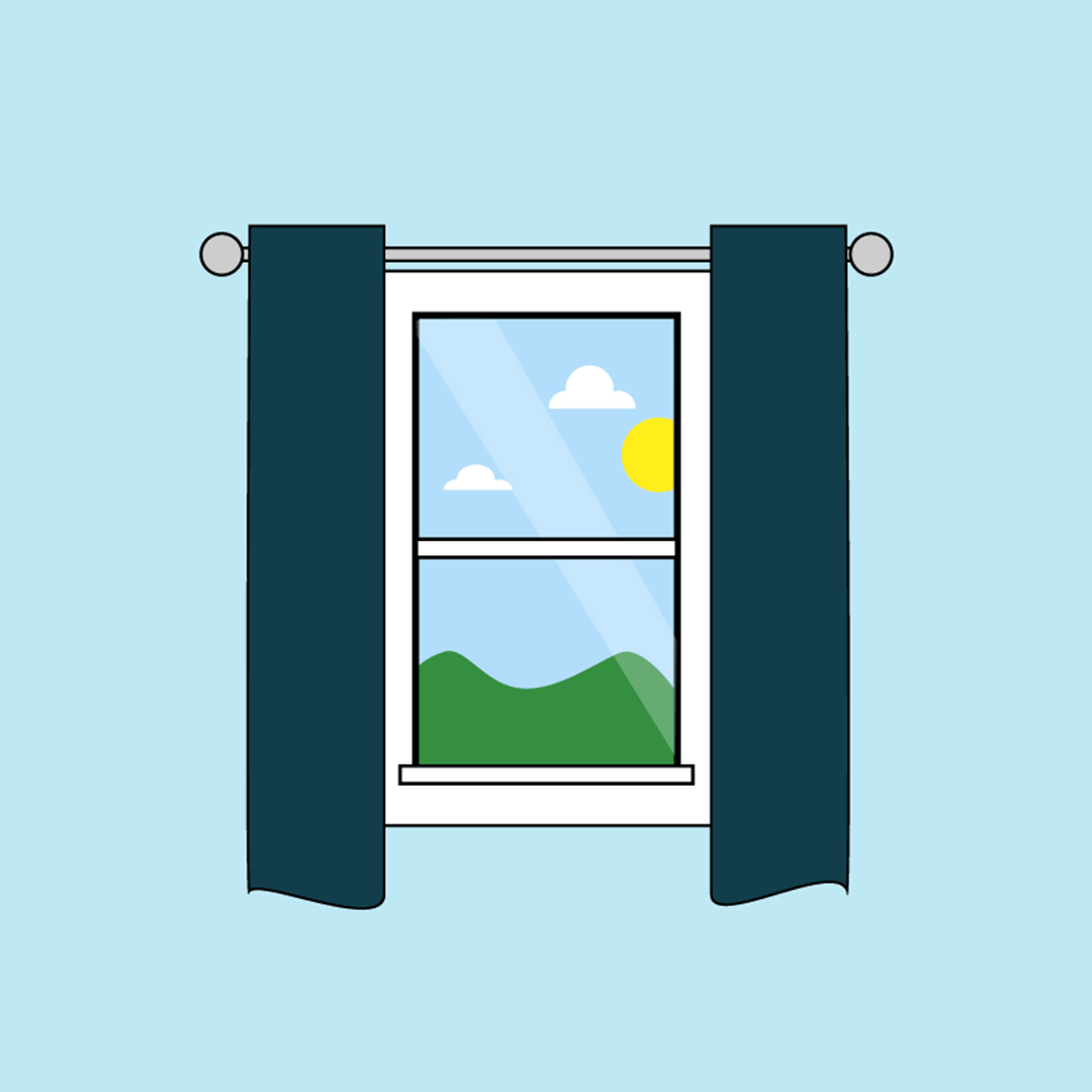 illustration/ GIF of a house window with navy blue curtains being drawn closed