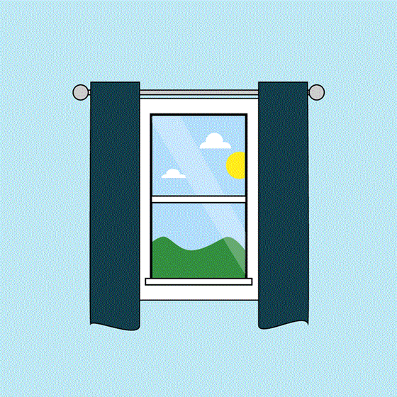 illustration/ GIF of a house window with navy blue curtains being drawn closed