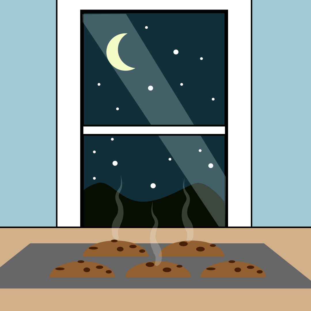 illustration of a window at night with warm cookies cooling on a counter