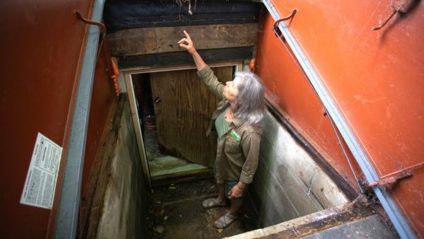 an insulation expert points to areas of improvement as they stand in the stairwell of a bulkhead of and old farmhouse
