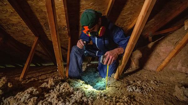 insulation contractor in an attic squatting between joists to measure the height of the insulation