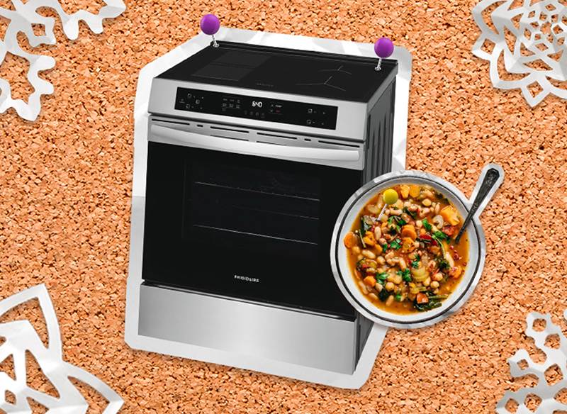A corkboard with pictures of an induction range and a pot of soup pinned to it