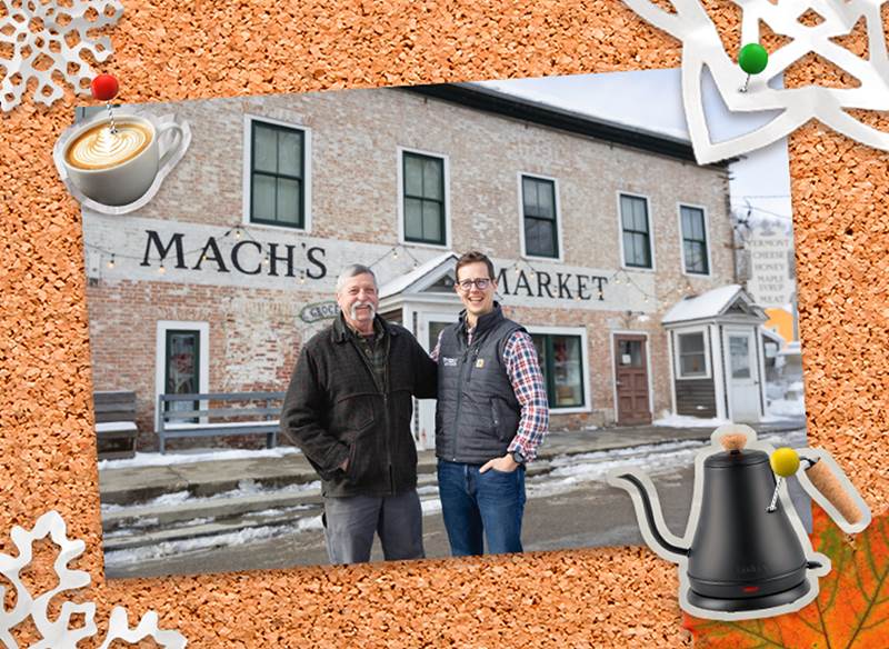 Corkboard with a photo of two people in front of machs market, as well as pinned pictures of a kettle and a coffee drink