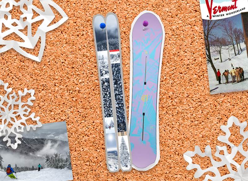 Corkboard with a pinned photo of a snowboard, skis and photos of trails at a resort