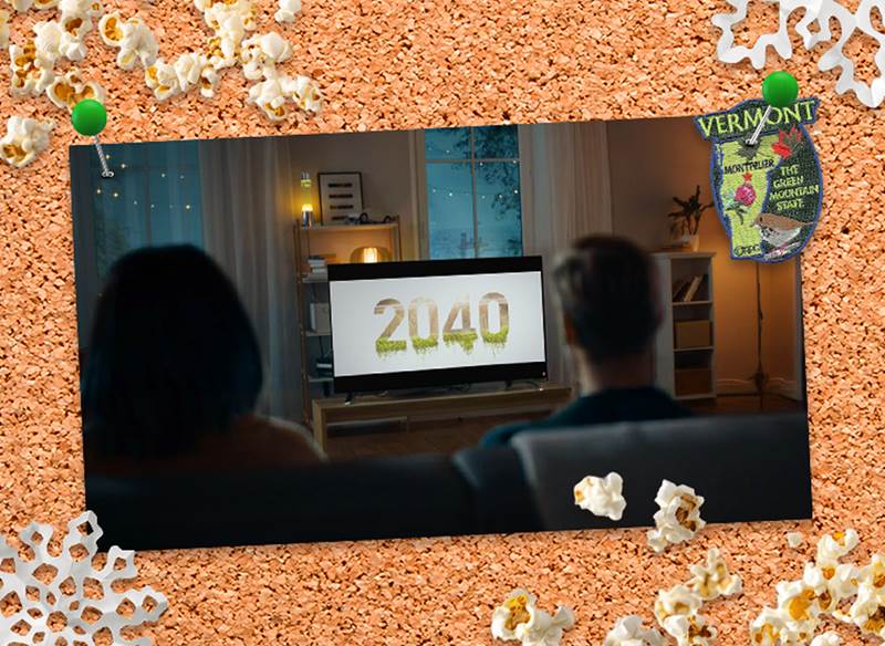 A corkboard with a picture of people watching a movie pinned to it