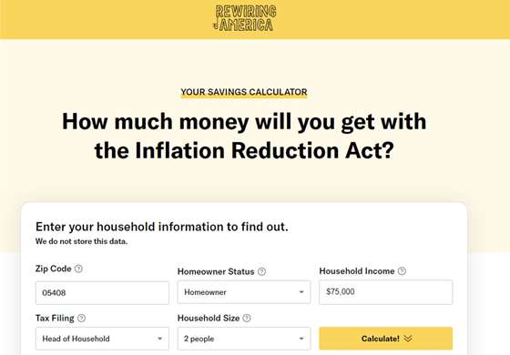 screenshot of rewiring america web form with the tit;e "How much money will you get with the Inflation Reduction Act?"