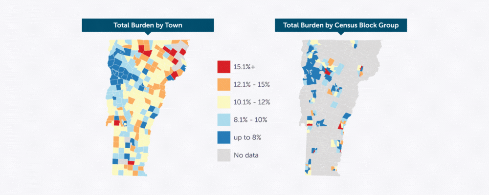 color coded maps of Vermont showing total energy burden by town and Total Burden by Census block group