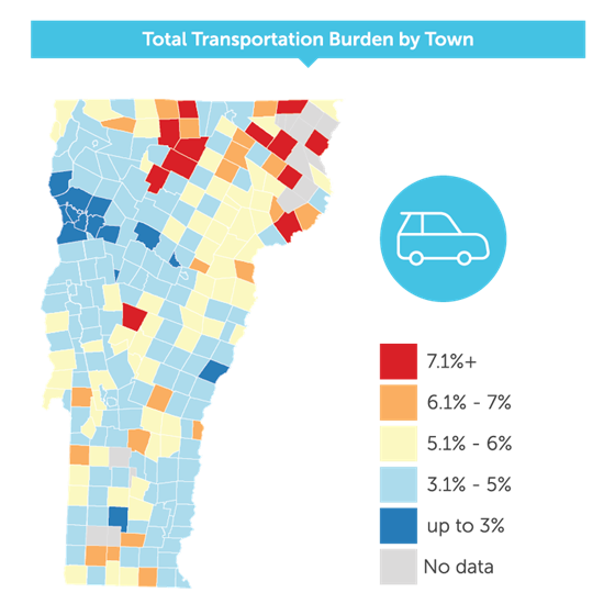 color coded image of Vermont state towns representing total transportation by town