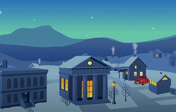 illustration of a small town bulding lit up in dusk during winter