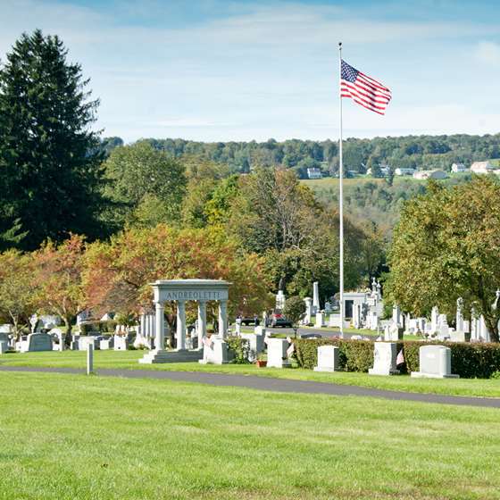 A scenic view of Hope Cemetary and foliage in the background
