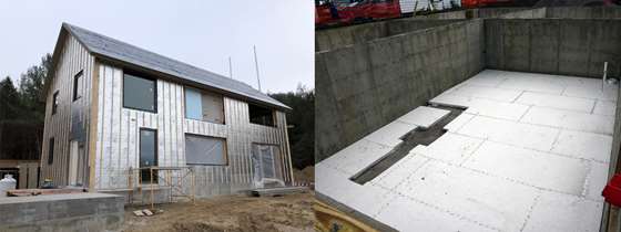 Side by side images of the two case studies - on the left, a basement floor showing the insulation; on the right, an unfinished house showing the insulation