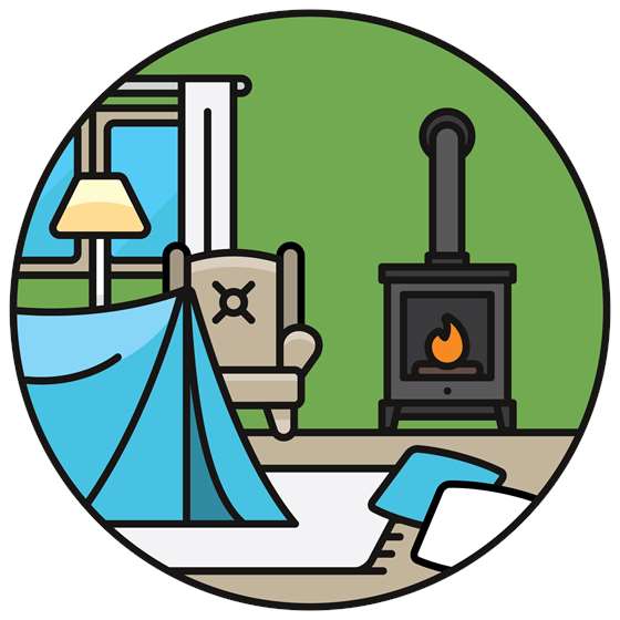 a cartoon of a tent next to a woodstove