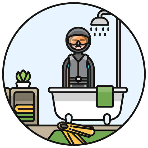 a cartoon of a person wearing full scuba gear in the shower