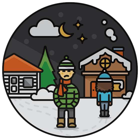 a cartoon of people standing outside in the snow
