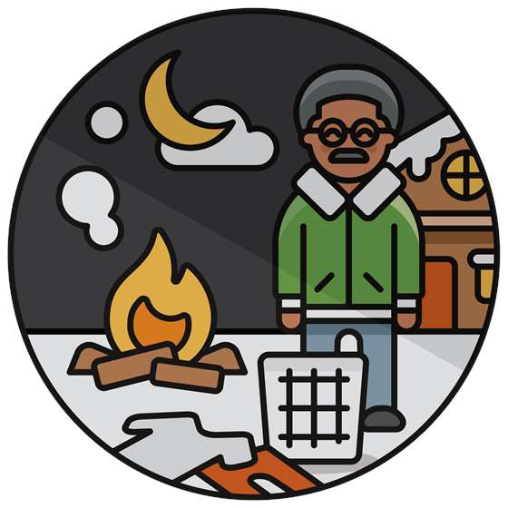 a cartoon of a man in the snow burning clothes in a fire