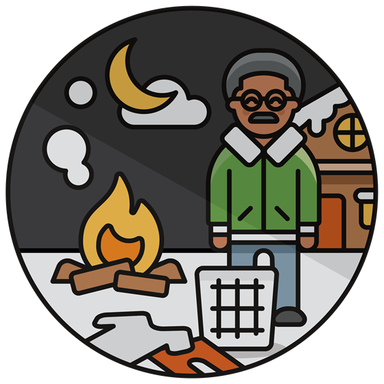 a cartoon of a man in the snow burning clothes in a fire