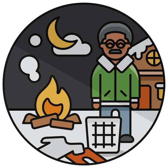 a cartoon of a man in the snow burning clothes in a fire