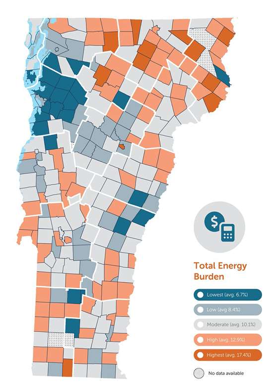 Map of Vermont indicating the geographical range of Total Energy Burden by lowest to highest energy burden.