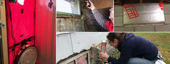 Montage of images of people weatherizing a home