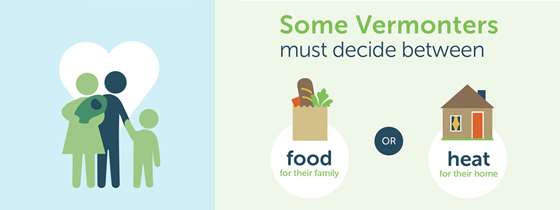 Illustration showing the difficult decisions low-income Vermonters must make as they struggle to pay heating bills