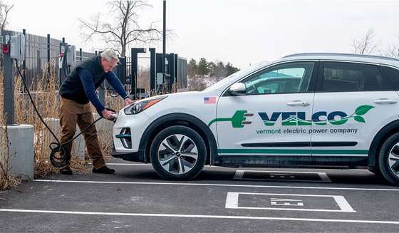 VELCO chief innovation and communications officer Kerrick Johnson charges an electric vehicle in a parking lot