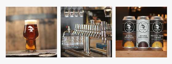 Three images: a full glass of beer, a line of taps, and three cans from Black Flannel