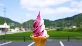 A close up of a raspberry vanilla creemee in a cone with a parking lot, field, and rolling hills in the background