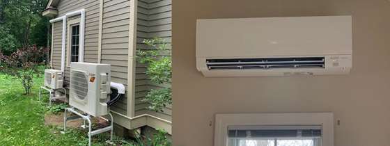 Side by side images of interior and exterior units of heat pumps