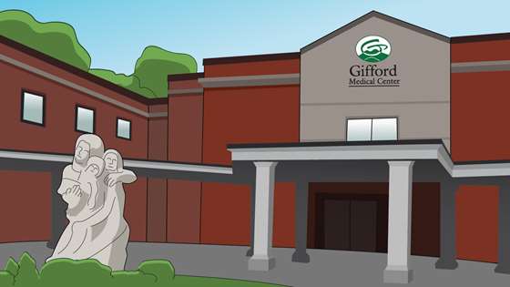 illustrated view of the Gifford Medical Center, a brick facade building