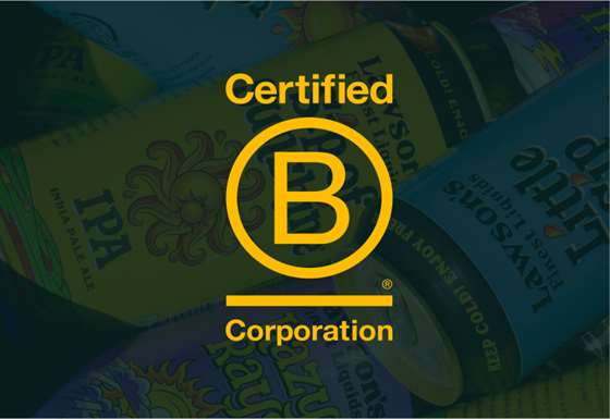 photo of beer cans with an overlay of the certified B corp logo