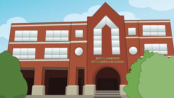 illustration of an office building with brick, blue skies and white clouds