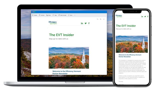 a laptop and a phone with the Efficiency Vermont trade partner newsletter being displayed