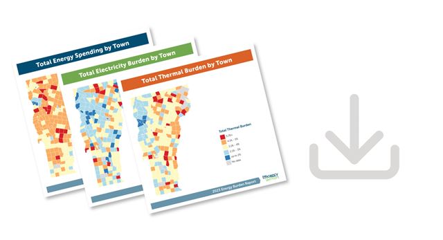 three mock energy burden reports next to a download icon