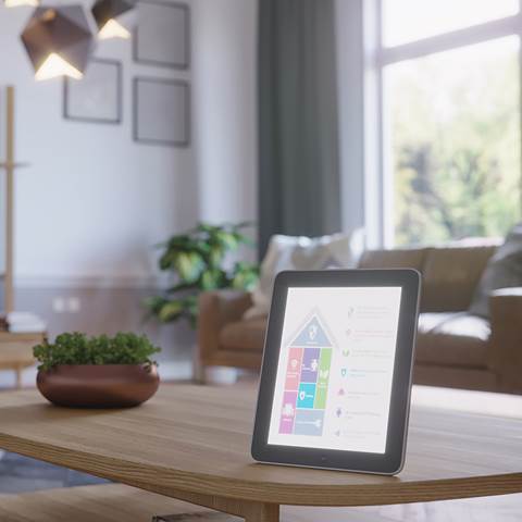 A photo of a tablet computer on a table in a home